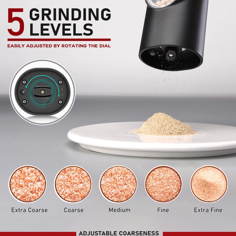 Jeadiuwe Electric Salt and Pepper Grinder Set of 2 automatic pepper mill USB rechargeable Adjustable Coarseness One-handed operation ceramic burr refillable Auto grinders with charging base LED light - Image 5